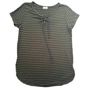 Free Kisses Womens Forest Green & Black Striped Front Tie Top XL